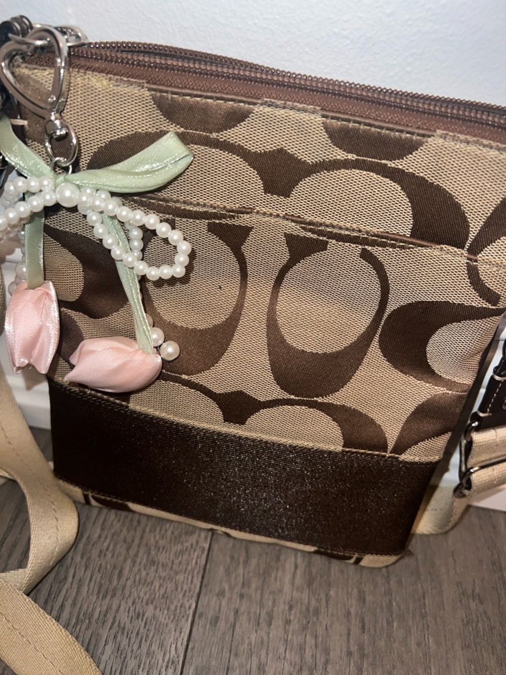 Coach Tan and Brown Signature Crossbody Bag with Floral Charm - Picture 3 of 7